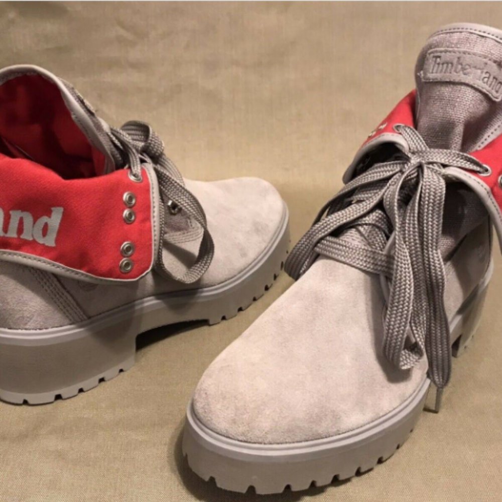 Women's Timberland A2592 Carnaby Cool Fold Down Boots 9 40 Light Grey Gray Red